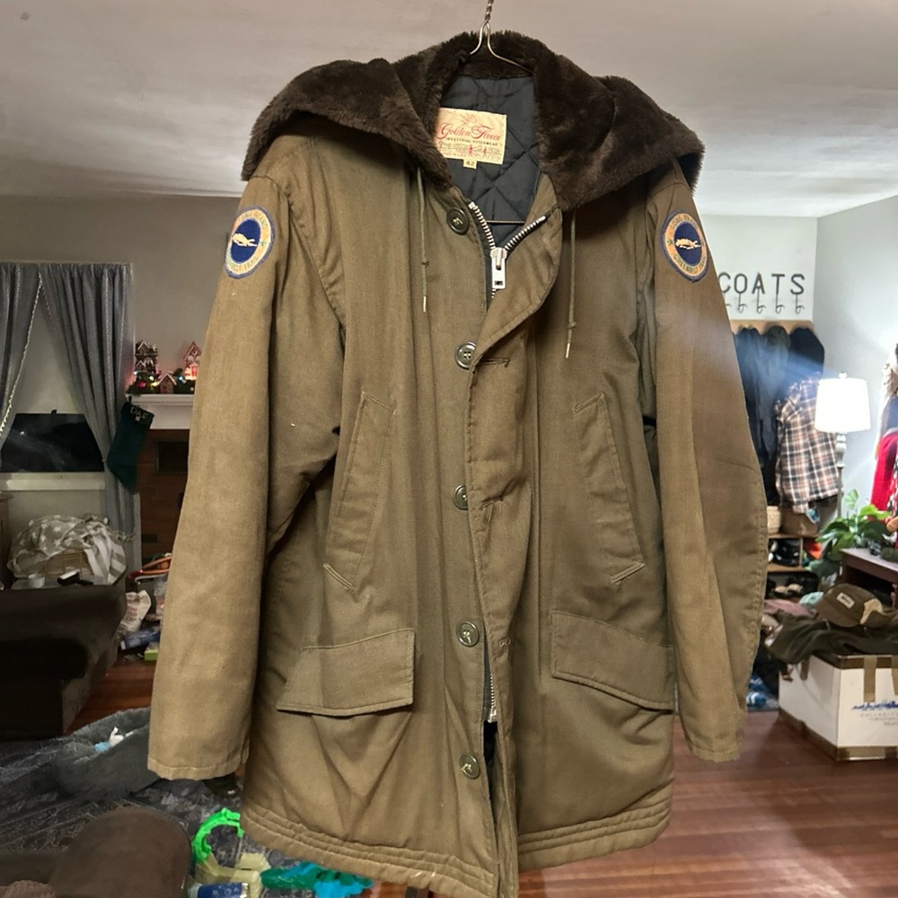 Vintage 60s-70’s Golden Fleece Parka Jacket Faux Fur Zip Hood  Zip Sz 42 Green